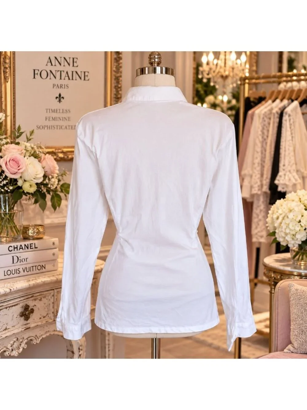 Anne Fontaine Paris Laetitia White Blouse Poplin Sz 44 Lace Embroidered